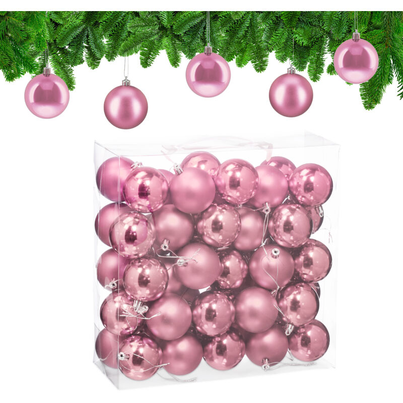 Weihnachtskugeln 50er Set, Weihnachtsdeko, Matt & Glänzend, Christbaumkugel ∅ 6 Cm, Weihnachtsbaumdeko, Rosa - Relaxdays