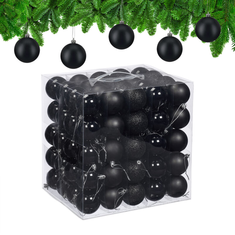 Relaxdays - Weihnachtskugeln Im 100er Set, Kunststoff, D, 6cm, Runde Weihnachtsbaumdeko, Baumschmuck Bruchsicher, Schwarz