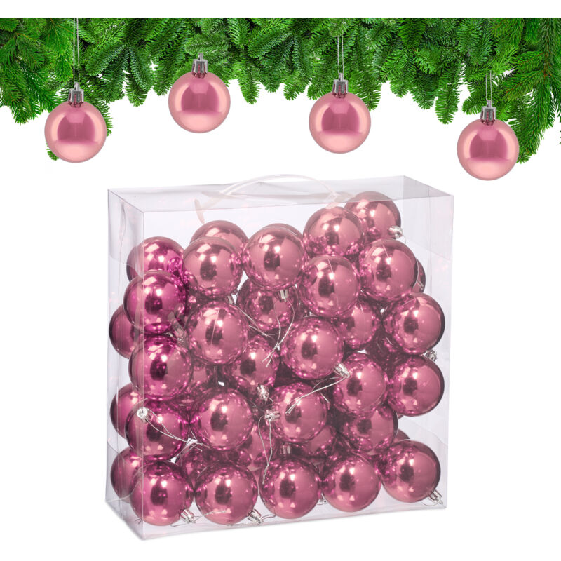 Relaxdays - Weihnachtskugeln Im 50er Set, Kunststoff, D, 6 Cm, Festliche Weihnachtsbaumdeko, Baumschmuck Glänzend, Rosa