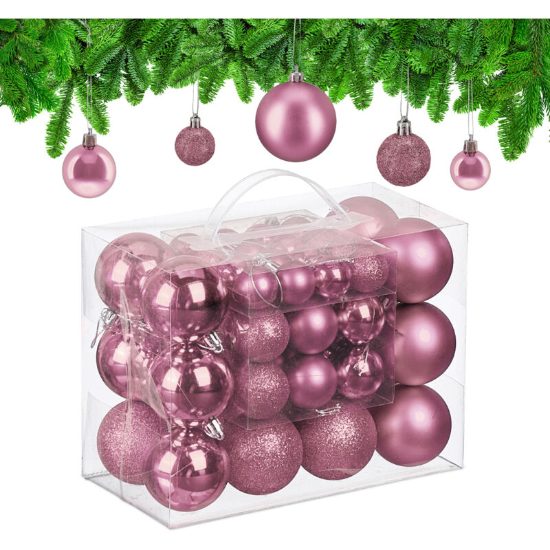 Relaxdays - Weihnachtskugeln Im 50er Set, Kunststoff, Glitzernde, Matte, Glänzende Baumkugeln, Christbaumschmuck, Rosa