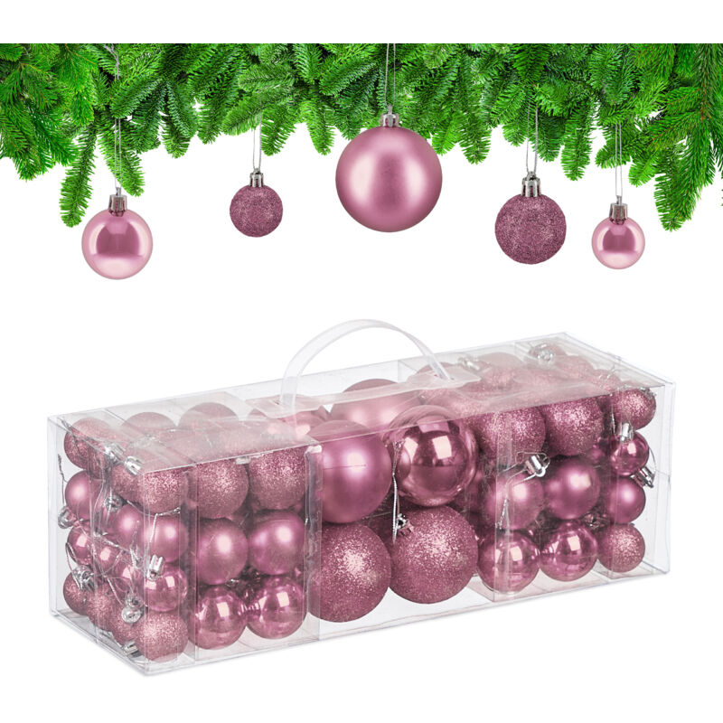 Relaxdays - Weihnachtskugeln Im 76er Set, Kunststoff, Glitzernde, Matte, Glänzende Baumkugeln, Christbaumschmuck, Rosa