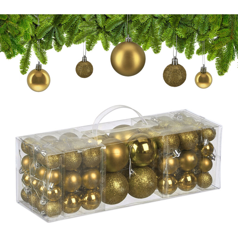 Relaxdays - Weihnachtskugeln Im 76er Set, Kunststoff, Glitzernde, Matte, Glänzende Baumkugeln, Christbaumschmuck, Gold