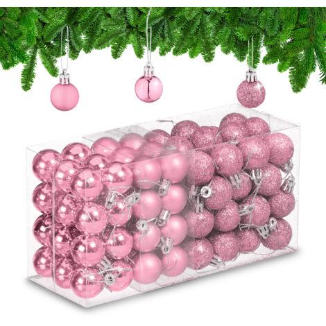 Relaxdays Weihnachtskugeln im 96er Set, glitzernde, matte & glänzende Baumkugeln, Weihnachtsbaumdeko, Kunststoff, rosa