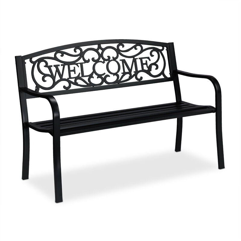 Relaxdays - WELCOME garden bench, 2 seater, sturdy, weatherproof outdoor seating, patio seating, black