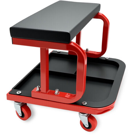 Relaxdays Werkstatthocker mit Ablage, bis 100 kg, gepolsterter Sitz, 4 Rollen, Montagehocker, schwarz-rot