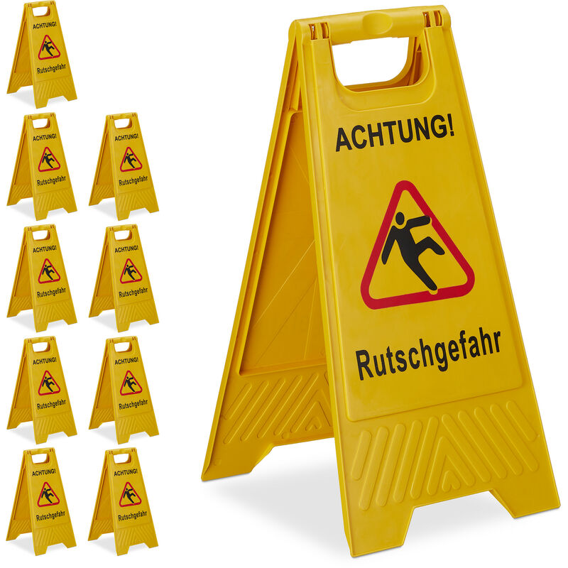 Relaxdays - 10x Wet Floor Sign, Cleaning Supplies, Slippery Surface, Free-Standing, A-frame, Foldable, Two-Sided, Yellow