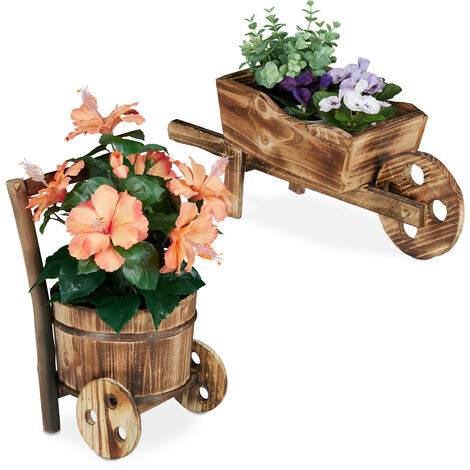Relaxdays Wheelbarrow Planter, Set of 2, Burnt Wood, Garden Ornament, Vintage Design, for Flowers & Plants, Natural