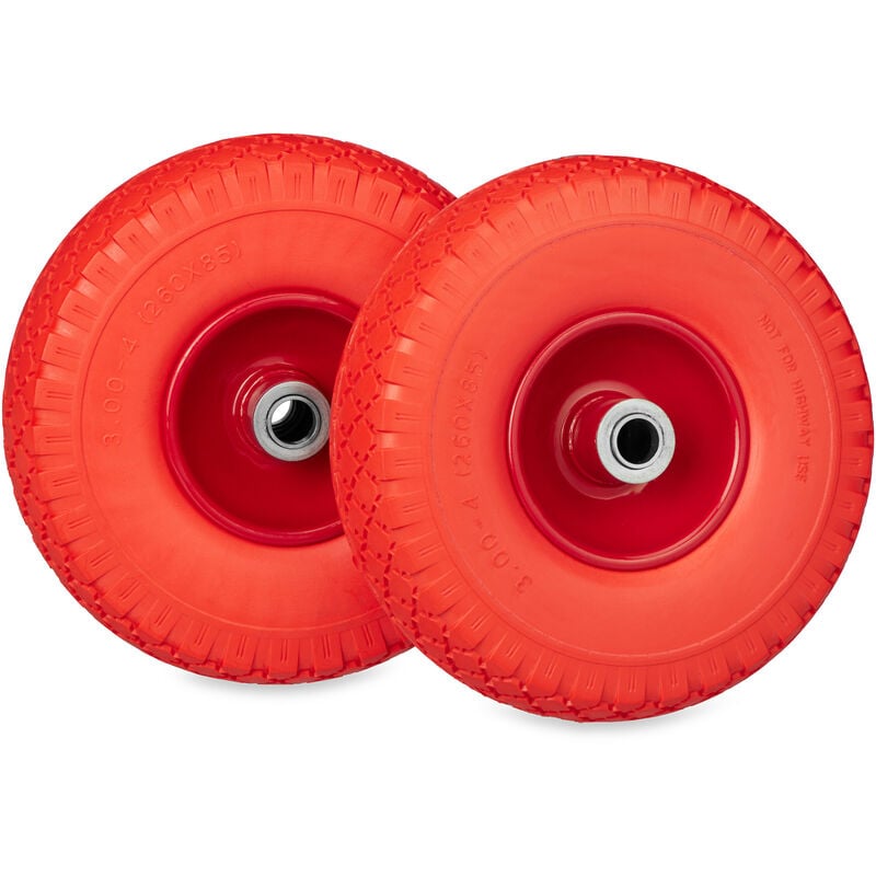 Relaxdays - Wheelbarrow Wheel 3.00-4, Set of 2, Solid pu Rubber, Steel Rim, Puncture-Proof Hand Cart Tyre, 100 kg, Red