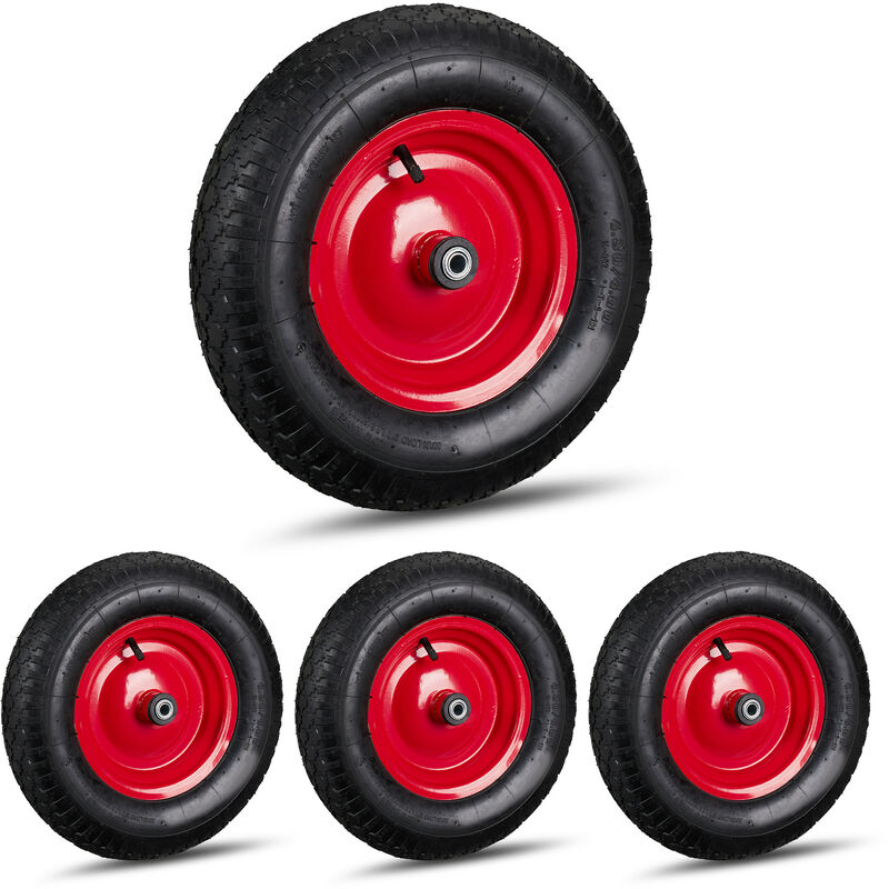 Set Of 4 Relaxdays Wheelbarrow Wheels 4.80 4.00-8, Pneumatic, Steel, 3 Adaptors, Spare Tyre, 120kg Capacity, Black/red