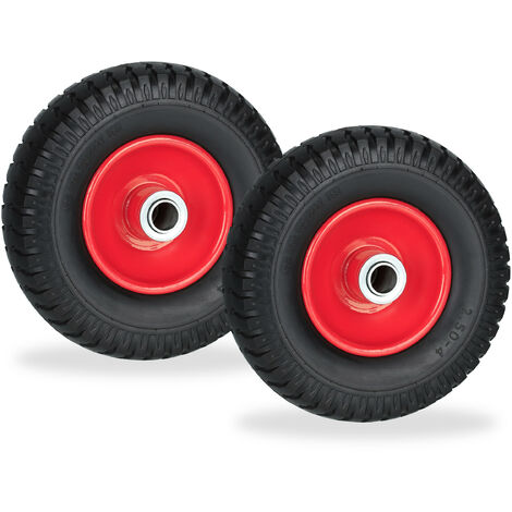Relaxdays Wheelbarrow Wheels 2.50-4, Set of 2, Solid Rubber, Steel Rim, up to 80 kg, Replacement Tyre, Black/Red