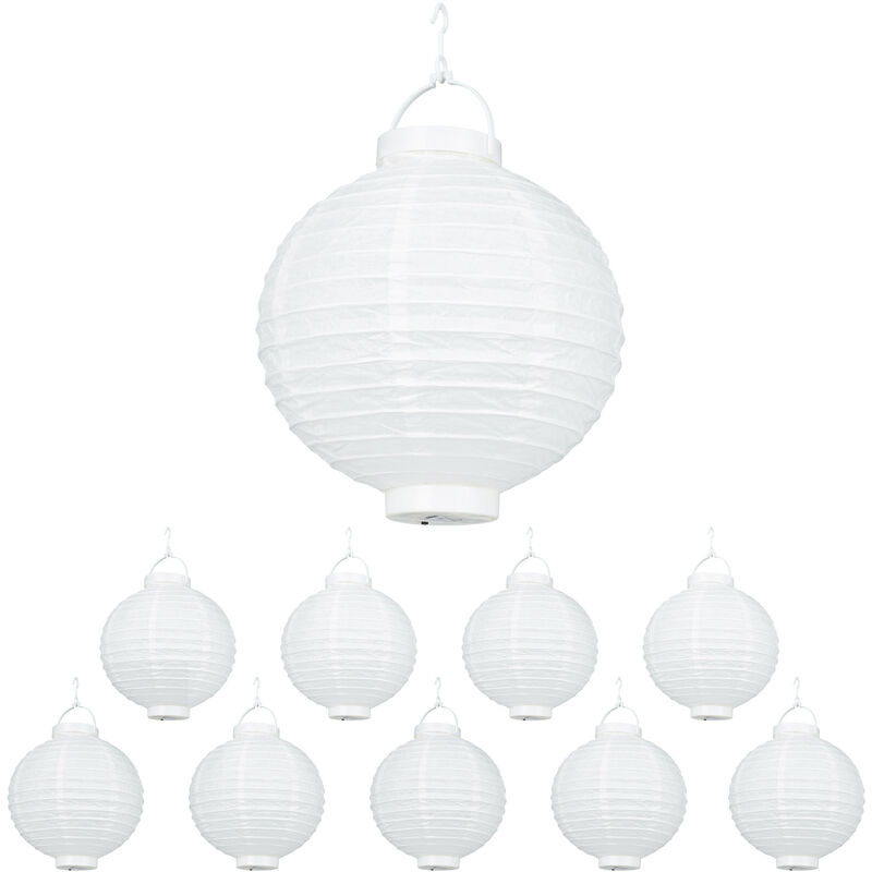 Relaxdays - White LED Lampions, 10-Piece Set, Battery-Powered, Indoor & Outdoor, Hangable, Paper Lantern, Ø 20 cm, White