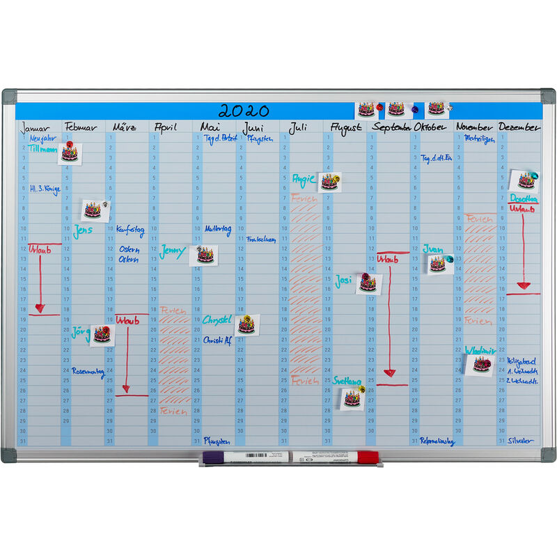 Image of Whiteboard Planner, Mensile, Lavagna Magnetica, Cancellabile, Bacheca, Portapennarelli, 60 x 90 cm, Bianca - Relaxdays