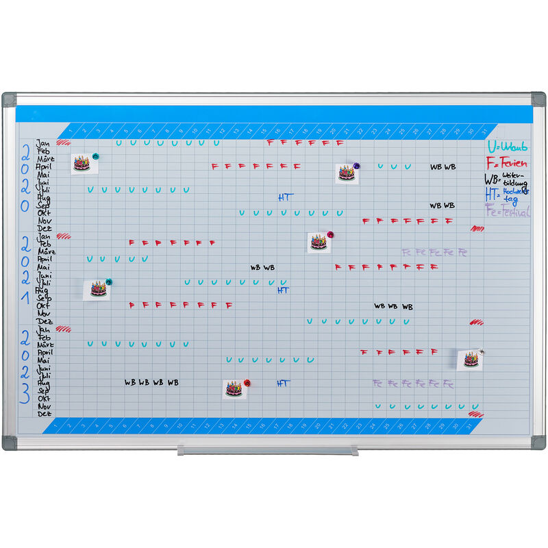 Relaxdays - Magnetic Whiteboard, 3-year Planner, For Walls, Wipeable, Planning Board With Pen Tray, Memo Board 60 X 90 Cm, White