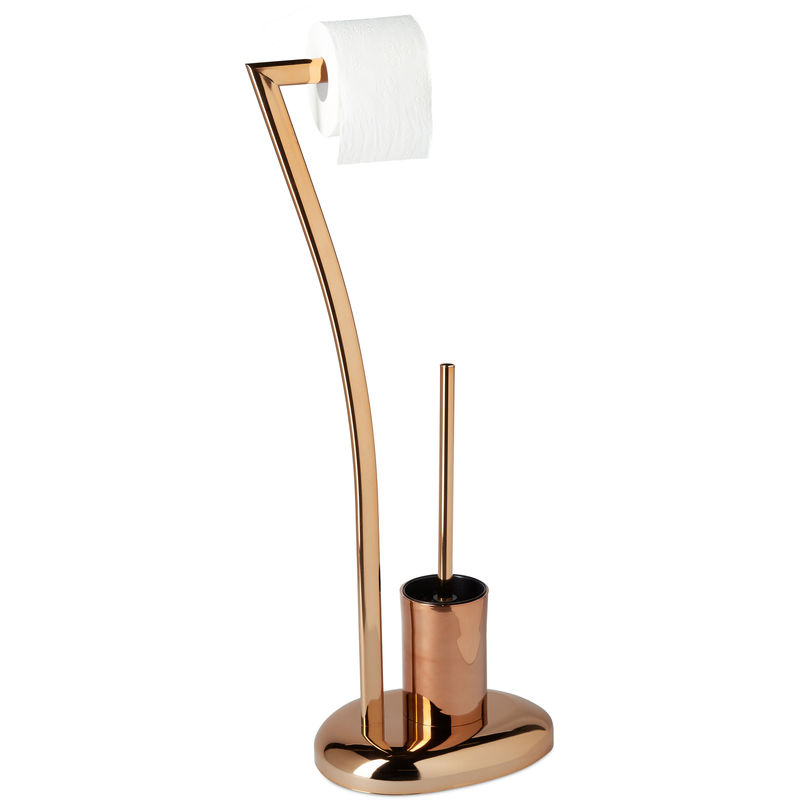 Relaxdays WIMEDO Toilet Brush and Holder, Size: 75 x 21 x 26 cm Toilet Paper Holder in Stainless Steel, Free-Standing, Copper