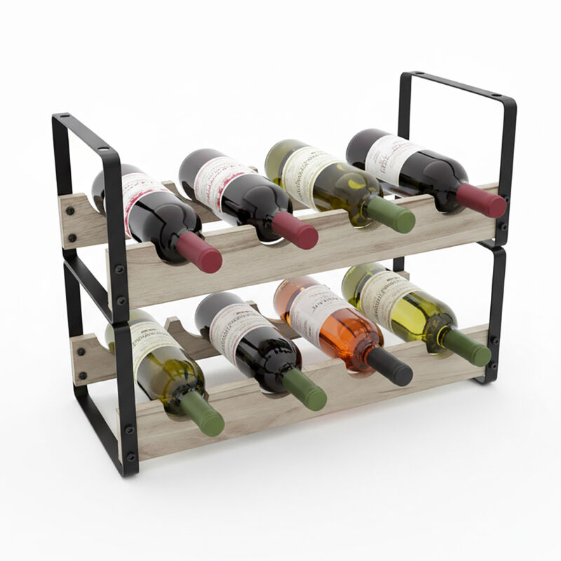Relaxdays Wine Rack, 8 Bottles, Metal, Wood, Hxwxd, 29 X 39.5 X 17.5 Cm, Freestanding, Kitchen, Bar, Black/natural