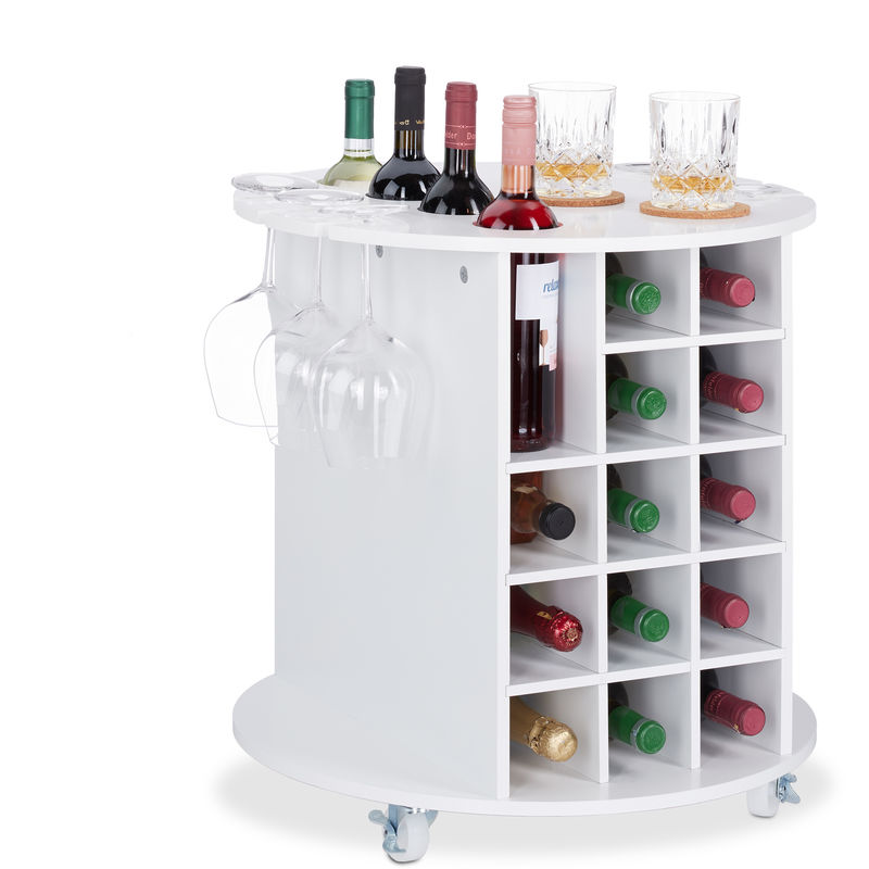 Wine Shelf with 360° Casters, 6 Glass Holders, Wine Storage for 17 Bottles, Round, HxD: 56x54cm ,White - Relaxdays