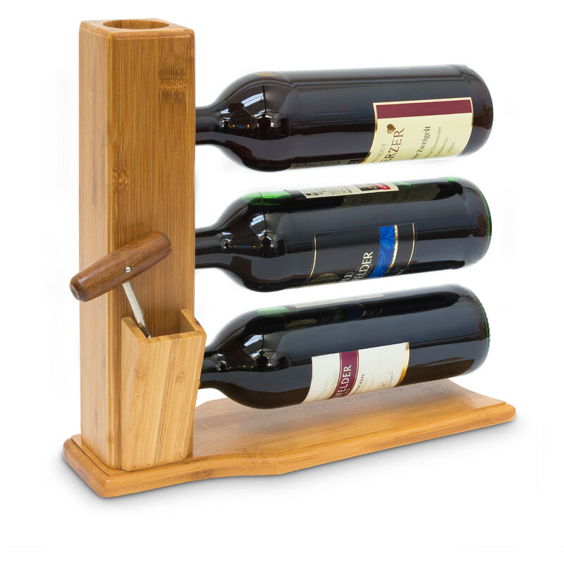 Relaxdays - Wine Stand For 3 Bottles: 32 x 12 x 34 cm Wine Shelf Free-Standing Bamboo Bottle Rack With Cork And Bottle Opener Holder Wine Stand,