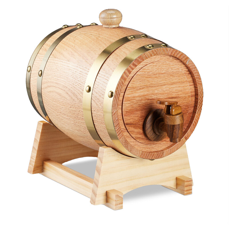 Relaxdays Wooden Barrel, Volume 1.25 L, Oak Wood, For Wine, Whisky & Liquor, Aluminium Lining, Dispenser Tap, Natural