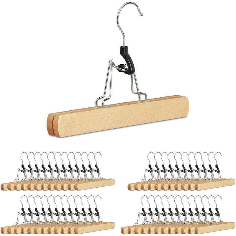 Set of 48 Relaxdays Coat Hangers Wooden, for Trousers, Silver Hanger with Felt Lining, HWD: 17 x 25 x 2.3, Natural