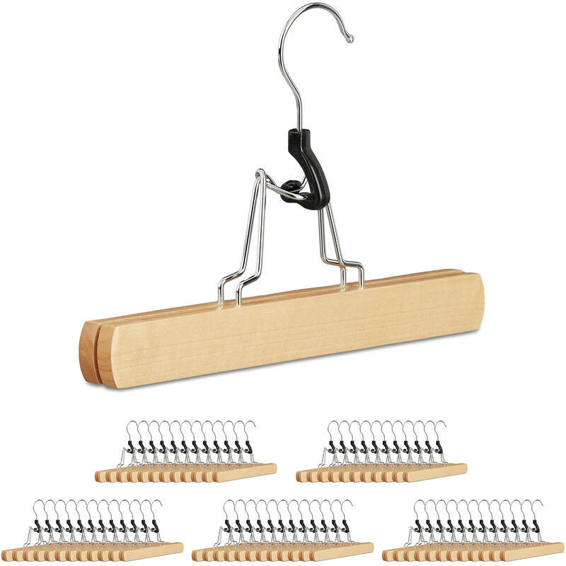 Set of 60 Relaxdays Coat Hangers Wooden, for Trousers, Silver Hanger with Felt Lining, HWD: 17 x 25 x 2.3, Natural