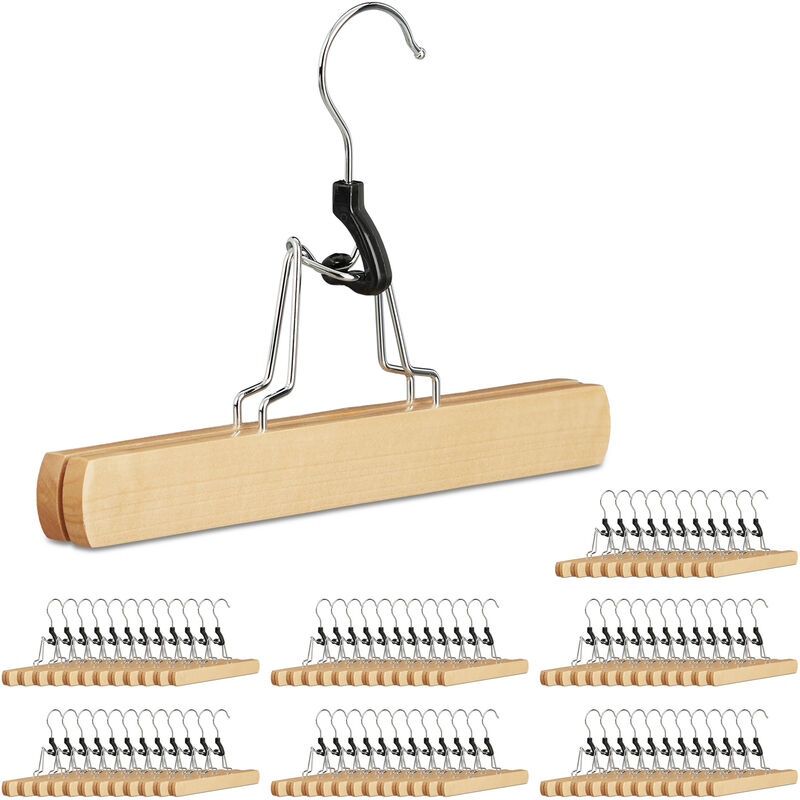 Set of 84 Relaxdays Coat Hangers Wooden, for Trousers, Silver Hanger with Felt Lining, HWD: 17 x 25 x 2.3, Natural