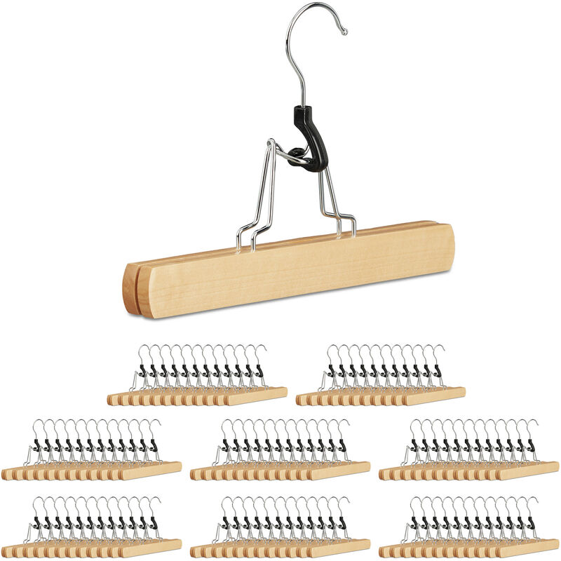 Set of 96 Relaxdays Coat Hangers Wooden, for Trousers, Silver Hanger with Felt Lining, HWD: 17 x 25 x 2.3, Natural