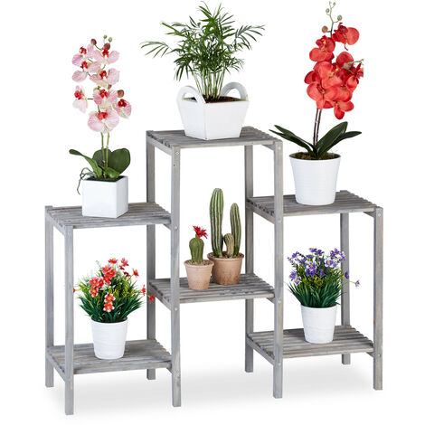 Relaxdays Wooden Flower Ladder Rack, Shabby Look, Indoor Use, Freestanding, Kitchen Plant Stand, HWD 70 x 89 x 27, Grey