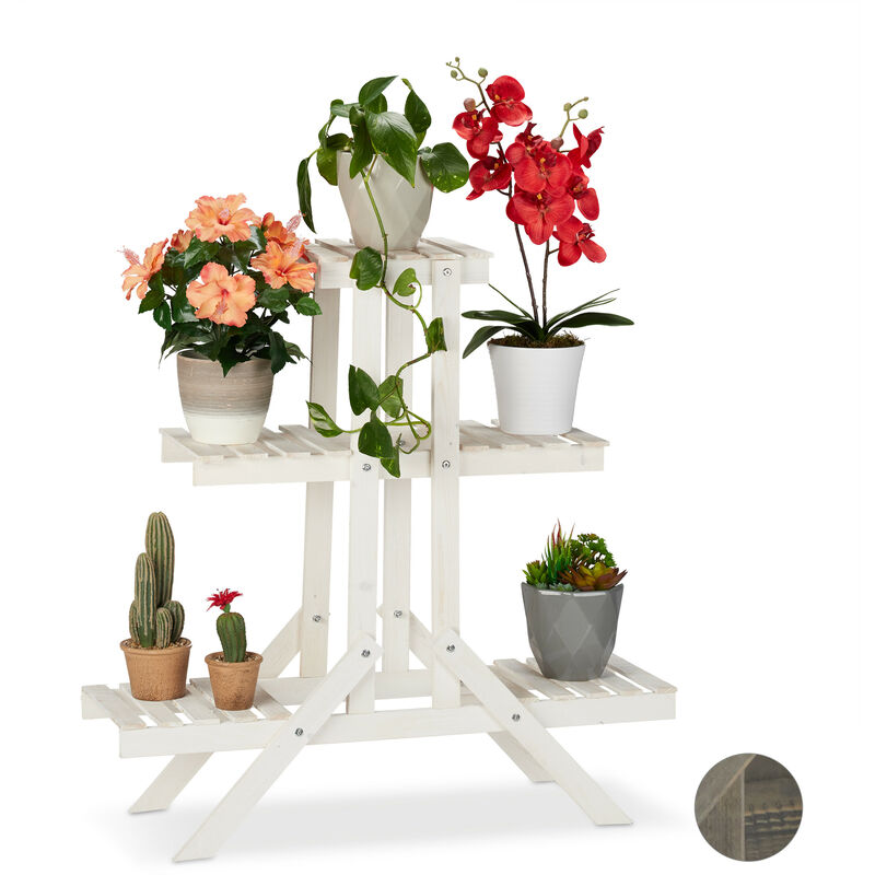 Relaxdays - Wooden Flower Shelf, 3 Tier Rack, Plant Stand, hwd: 83 x 83 x 25 cm, White