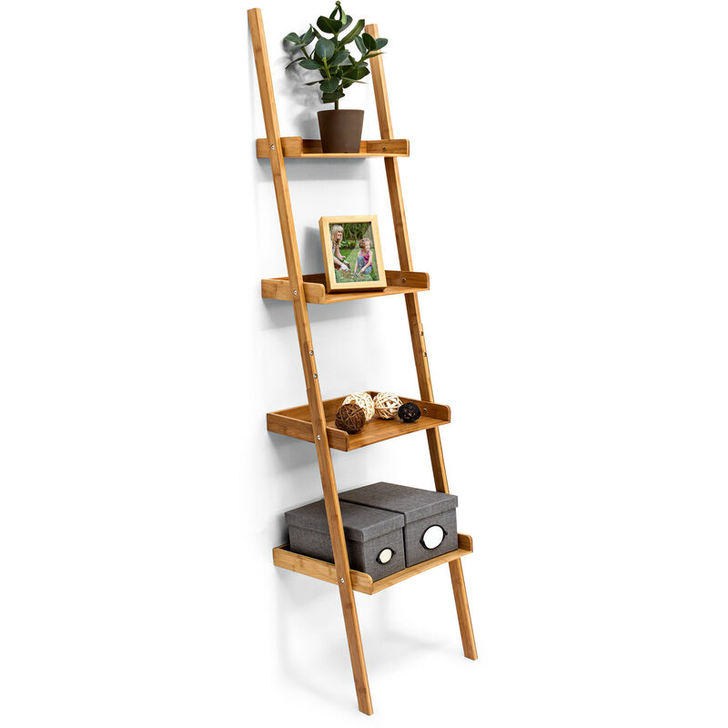 Wooden Shelf Bamboo Bookcase 4 Shelves 176 x 44 x 37 cm Bathroom Shelf with 4 Tiers Living Room Office Bookshelf Wall Leaning Shelving Unit, Natural