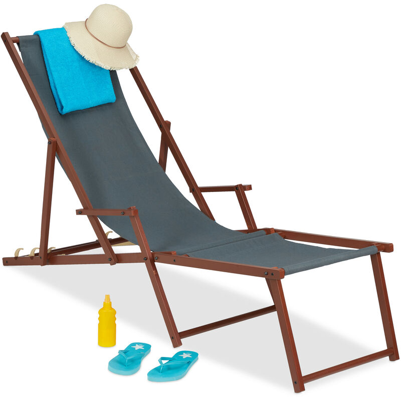 Relaxdays wooden sunlounger, 3 reclining positions, garden chair with arm & footrest, 120kg, sunchair, anthracite cover