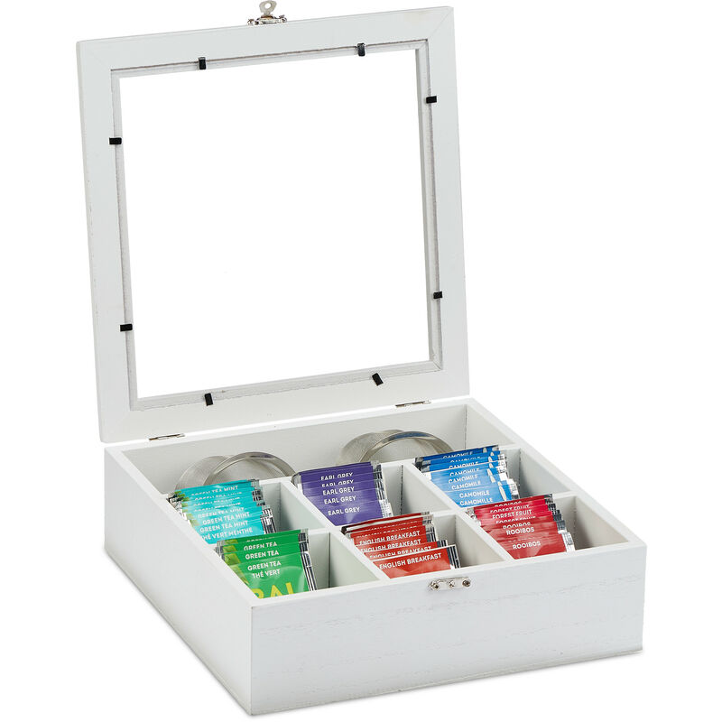 Relaxdays Wooden Tea Box, 7 Compartments, 100 Teabags, Hinged Lid, Flavour-preserving, 8 X 25 X 25.5 Cm, White
