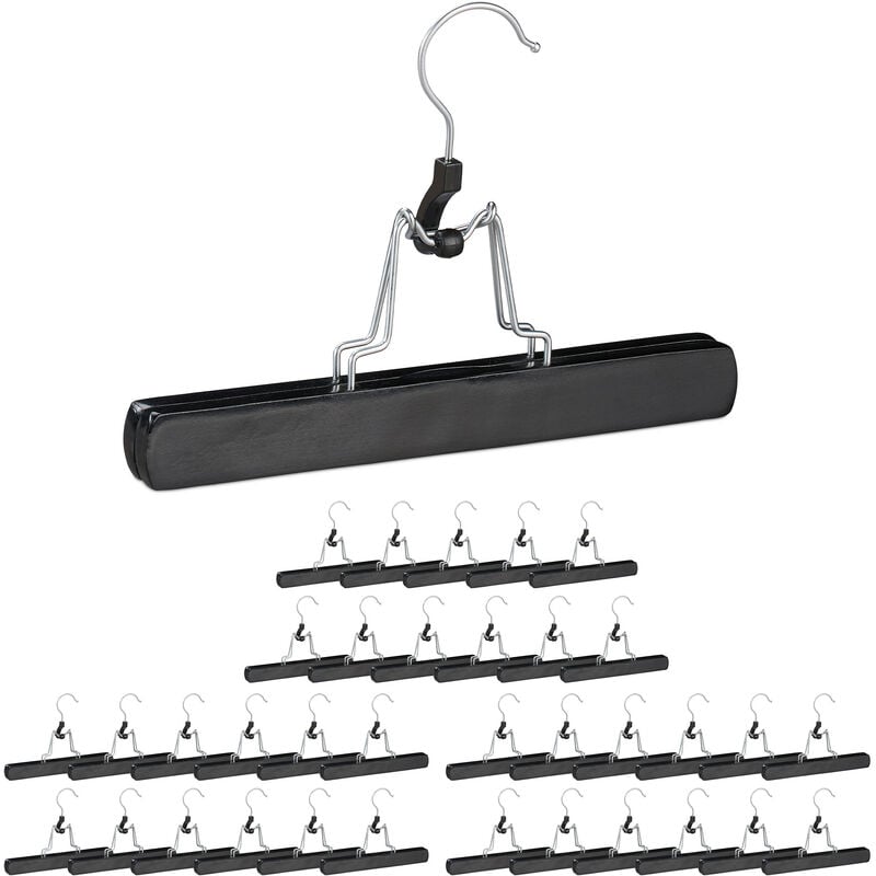 Relaxdays Wooden Trouser Clamp Hangers, 36 Pieces, 360° Swivel Hooks, Felt Protectors, HWD 17 x 25 x 2.3 cm, Black