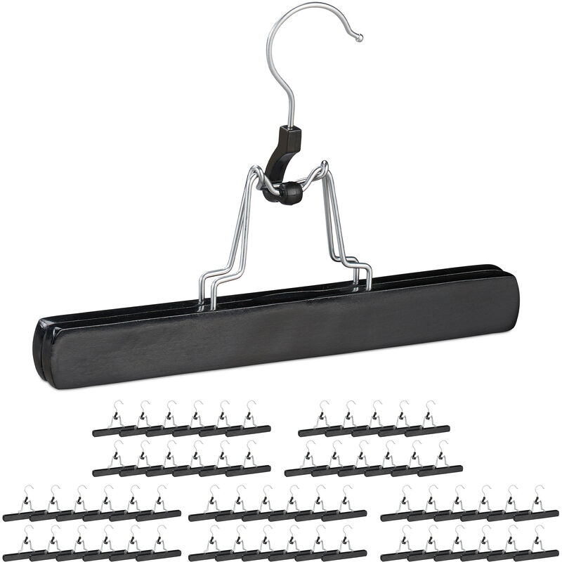 Relaxdays Wooden Trouser Clamp Hangers, 60 Pieces, 360° Swivel Hooks, Felt Protectors, HWD 17 x 25 x 2.3 cm, Black