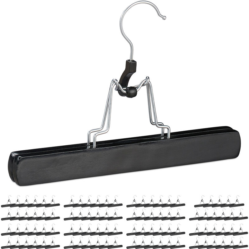 Relaxdays Wooden Trouser Clamp Hangers, 96 Pieces, 360° Swivel Hooks, Felt Protectors, HWD 17 x 25 x 2.3 cm, Black