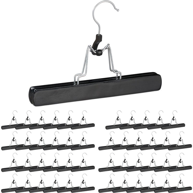 Relaxdays Wooden Trouser Clamp Hangers, 48 Pieces, 360° Swivel Hooks, Felt Protectors, HWD 17 x 25 x 2.3 cm, Black