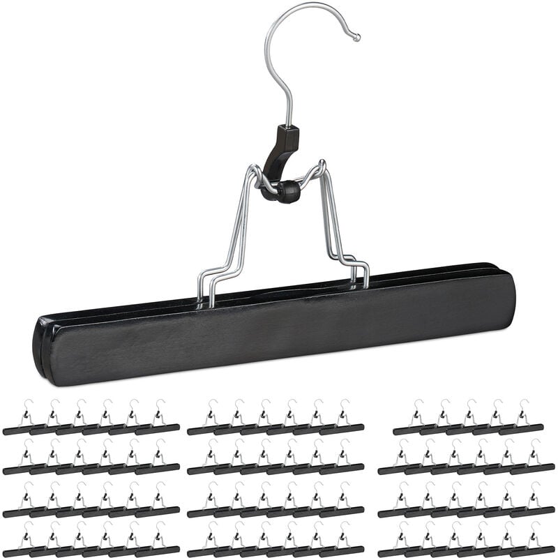 Relaxdays Wooden Trouser Clamp Hangers, 72 Pieces, 360° Swivel Hooks, Felt Protectors, HWD 17 x 25 x 2.3 cm, Black