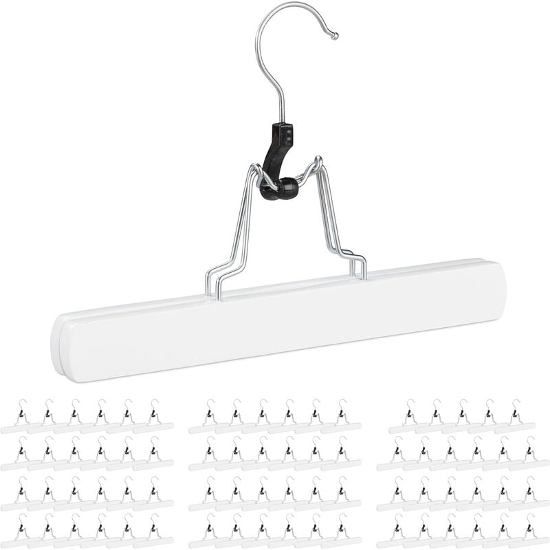 Set of 72 Relaxdays Wooden Trouser Hanger, 360° Swivel Hooks, Felt Protectors, HWD: 17x25x2.3 cm, Pants Holders, White