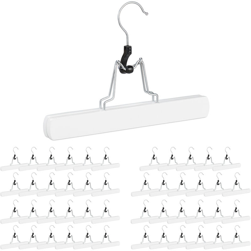 Set of 48 Relaxdays Wooden Trouser Hanger, 360° Swivel Hooks, Felt Protectors, HWD: 17x25x2.3 cm, Pants Holders, White