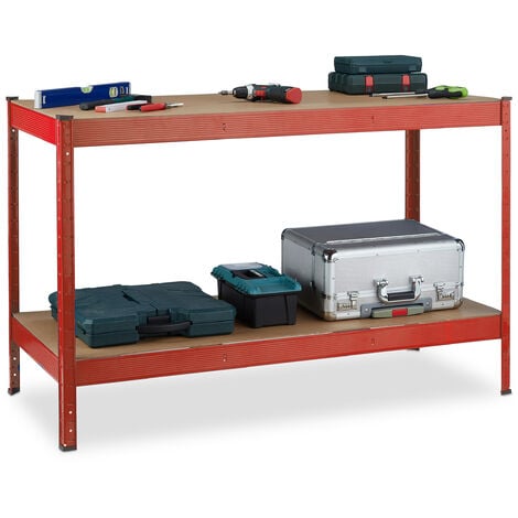 Relaxdays Workbench, 600 kg, Workshop Table, Garage, HWD: 91 x 141 x 61 cm, Steel & MDF, Tool Bench, 2 Levels, Red