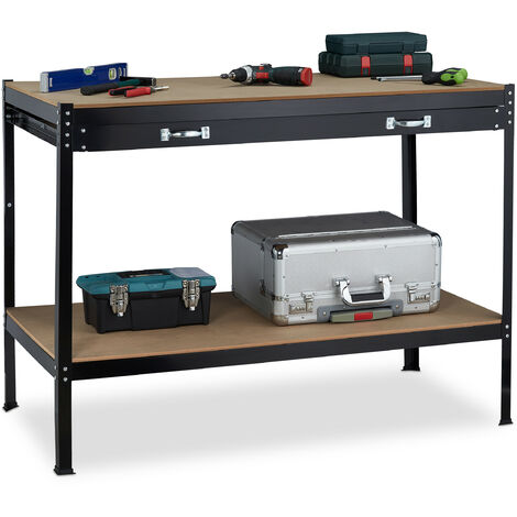 Relaxdays Workbench, Drawer, 2 Levels, Workshop & Garage, Steel & MDF, H x W x D 90.5 x 121 x 63.5 cm, Black
