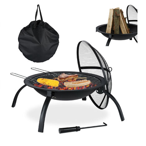 Relaxdays XL Fire Pit, Grate, Poker, Spark Screen, Lid, with Bag, Garden, Patio, Fire Bowl D 56.5 cm, Black