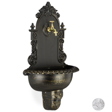 Relaxdays XL fontana da parete in stile antico con rubinetto, lavabo da giardino in alluminio, HxLxP 75x44x22 cm, nera