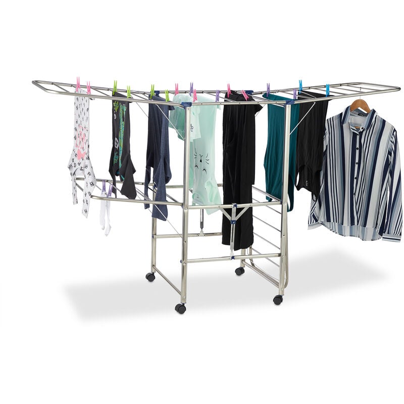Xxl Clothes Drying Rack, Standing, Tower Airer on Wheels, Foldable, hwd 111 x 185.5 x 53 cm, Silver - Relaxdays