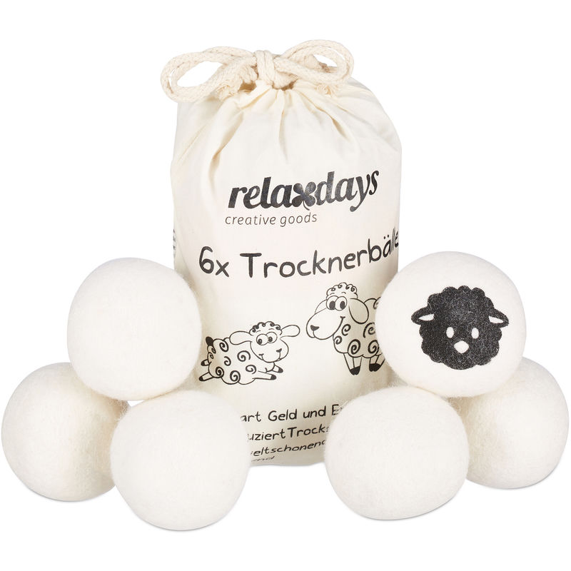 Xxl Wool Dryer Balls, Set of 6 New Zealand Balls, Eco-Friendly, ø 7 cm, White - Relaxdays