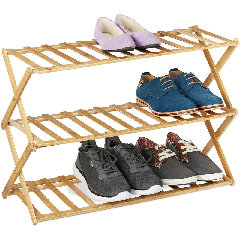 Relaxdays - tagère à chaussures pliable, 3 étages, 9 paires, maison, camping, support bambou, hlp : 46x67x26 cm, nature