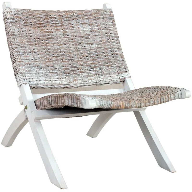 Relaxing Chair White Natural Kubu Rattan and Solid Mahogany Wood Vidaxl