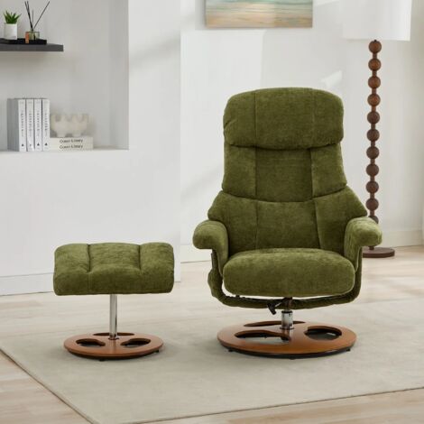 Relaxsessel mit 5-Punkt-Massage und Heizung, 360° drehbar, verstellbare Rückenlehne um 140°, mit Fußstütze, aus Chenille-Stoff, Grün