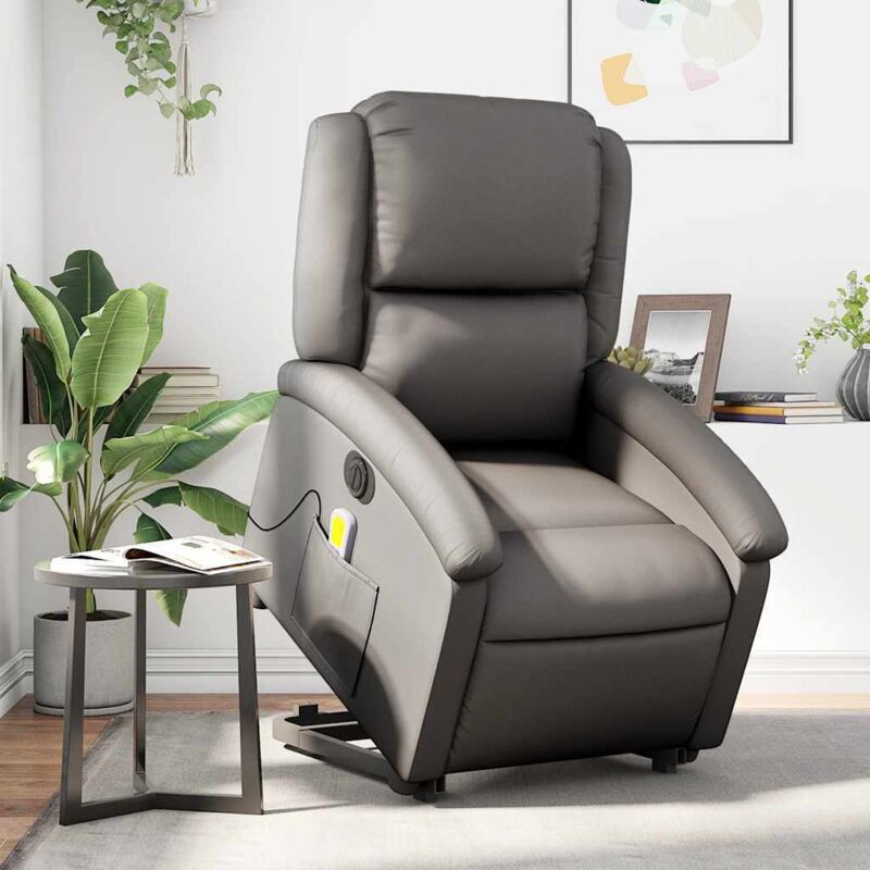 Vidaxl - Massagesessel Mit Aufstehhilfe Elektrisch Grau Echtleder