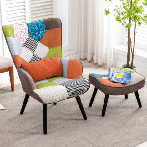 HOMEMIYN Relaxsessel mit Hocker Patchwork Sessel Ohrensessel Holz Sessel Wohnzimmer, moderner Fernsehsessel Loungesessel Stuhl Patchwork Leinen Massivholzfüße Orange Farbe