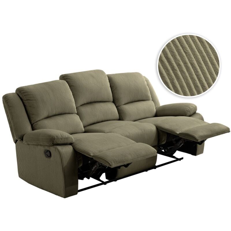 Loungitude – Canapé de relaxation manuel 3 places inclinables – Velours côtelé vert – Fabrication européenne – Assise moelleuse et confortable